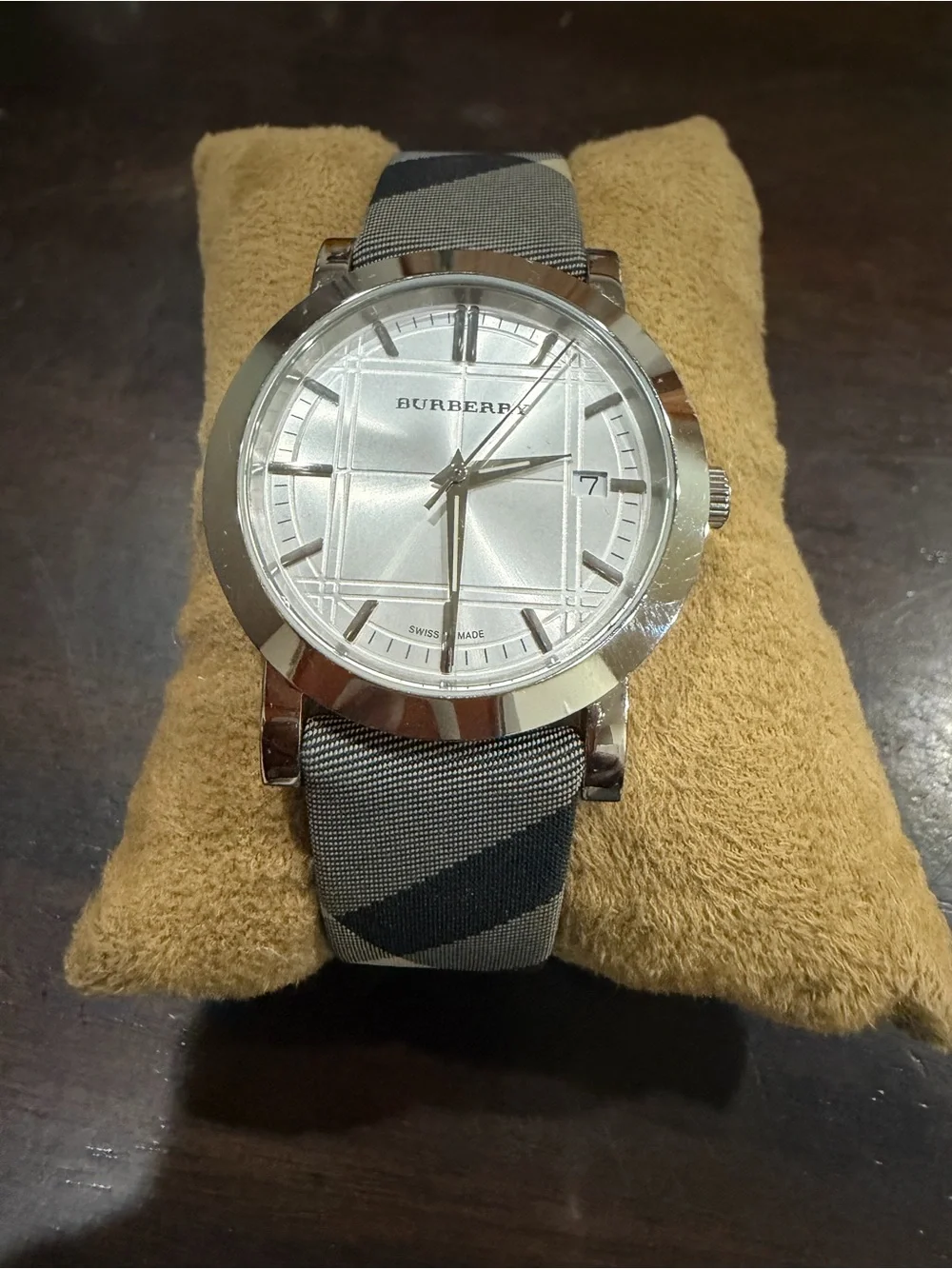 Burberry Silver Dial Watch with Gray and Black Check Strap